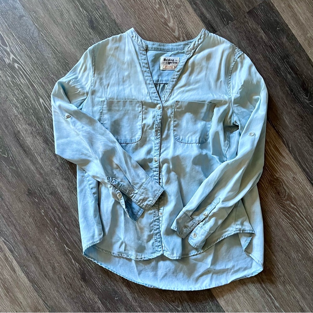 Anthropologie Holding Horses Chambray Button Down with Embroidered back